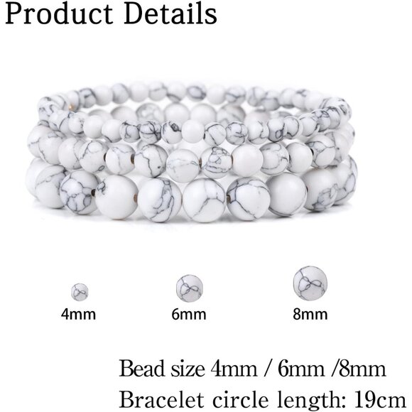 3 PCS 4,6,8mm Howlite Healing Natural Stone Beaded Stretch Bracelet for Women - Picture 5 of 6